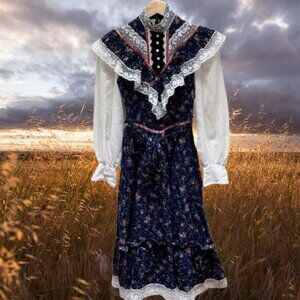 Vintage '70s Jessica McClintock Gunne Sax Navy/Pink Flower Dress